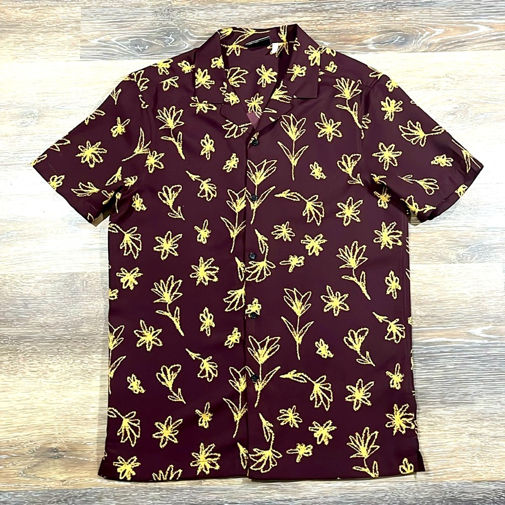 NWOT ASOS Men's Cuban Collar Wine Colored Floral Shirt